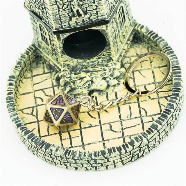 Metal D20 w/ Purple Glitter Keychain Analogue Font d20 - 