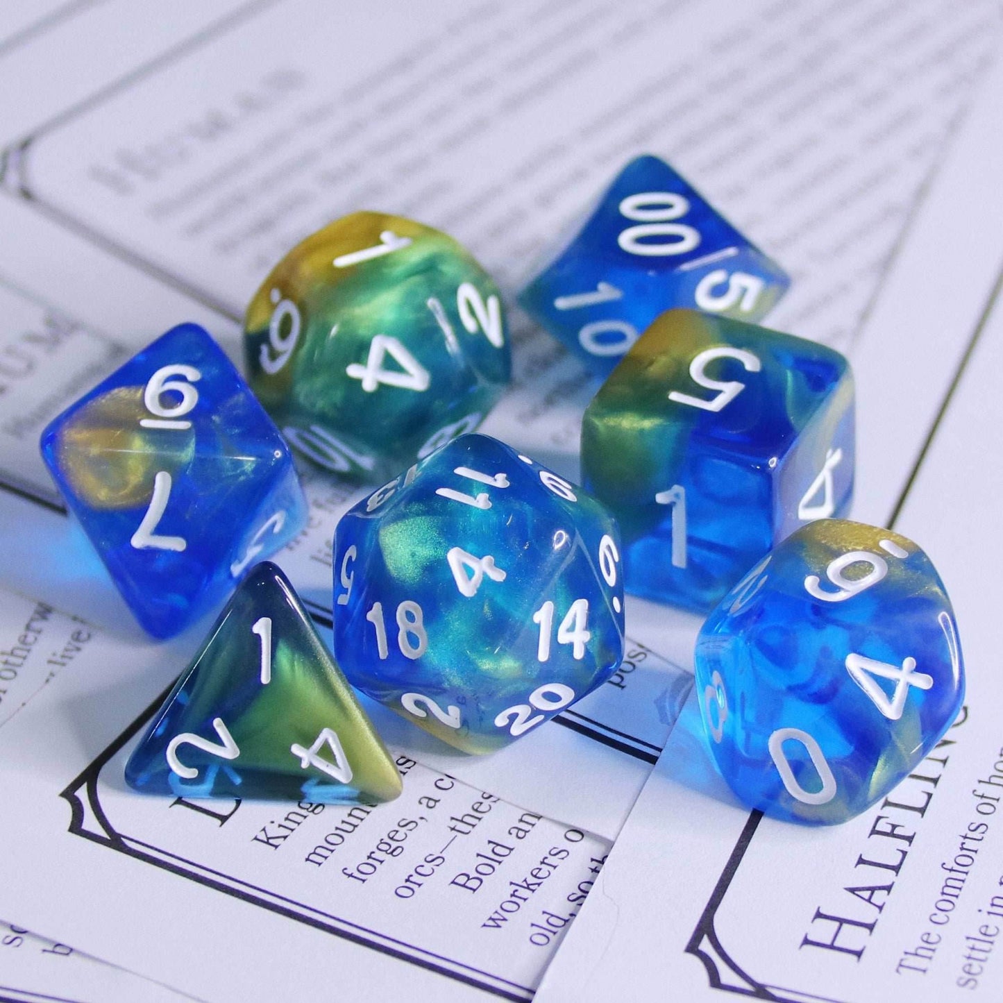 Starry Night Glitter Blue with White Numbering 7-Dice Set RPG - 