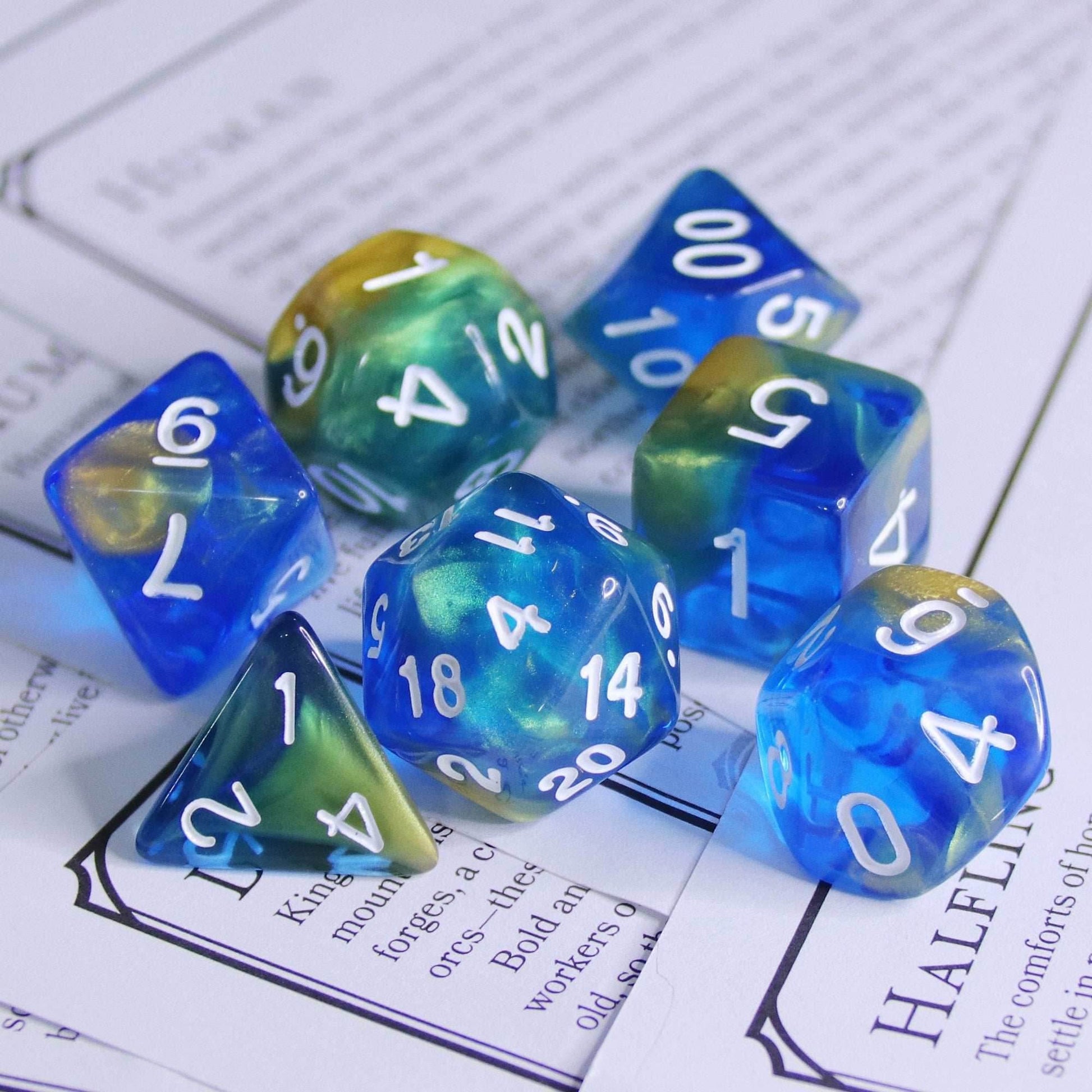 Starry Night Glitter Blue with White Numbering 7-Dice Set RPG - 