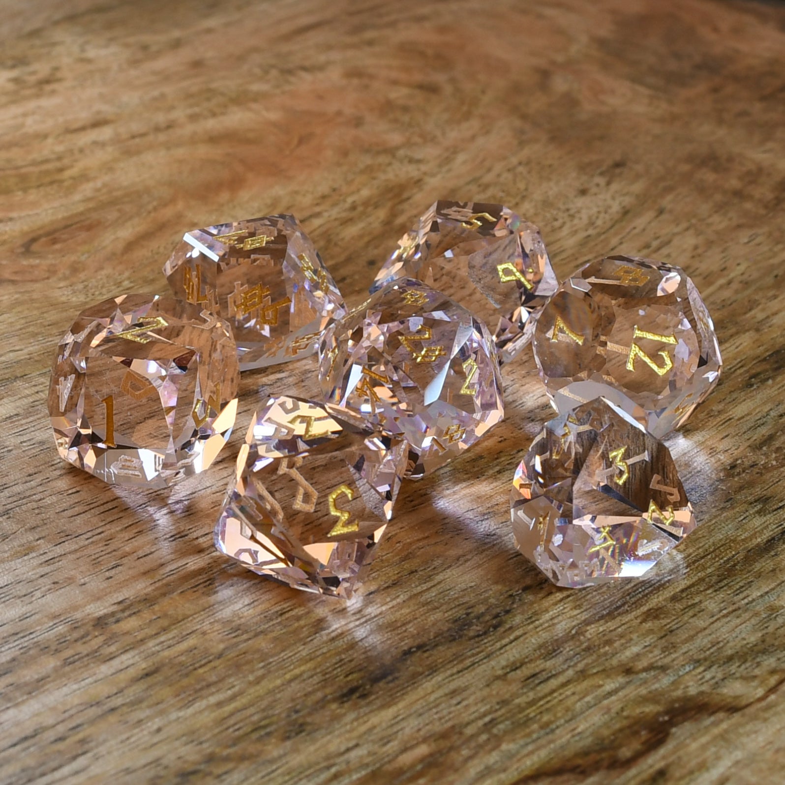 Baby Pink Topaz Multifaceted Glass Dice Set