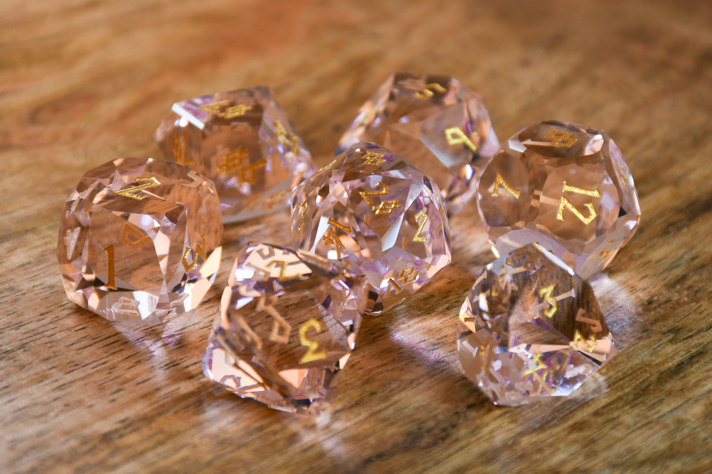 Baby Pink Topaz Multifaceted Glass Dice Set