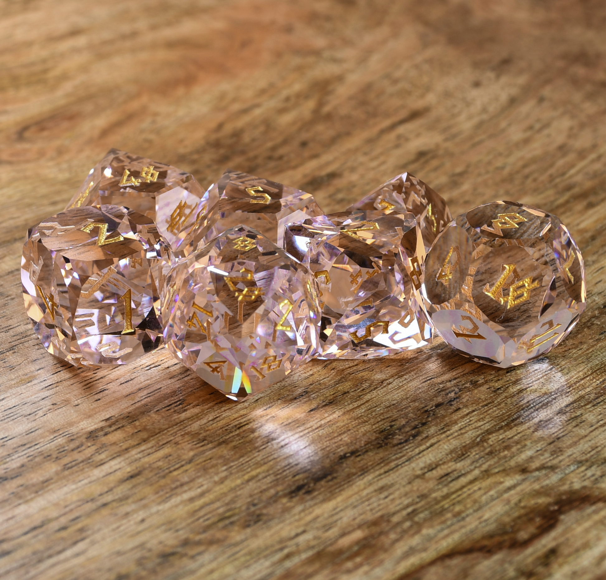 Baby Pink Topaz Multifaceted Glass Dice Set