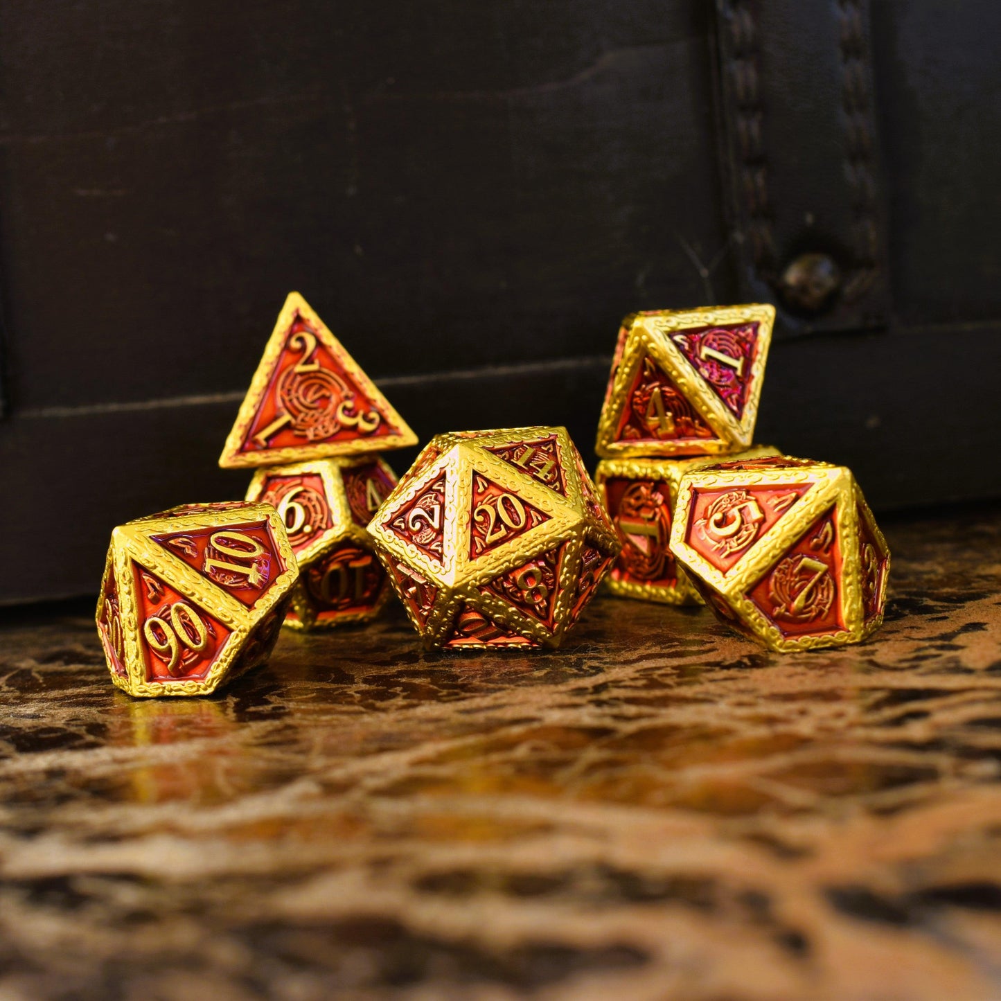 Ballad of the Bard Red and Gold Metal Dice Set