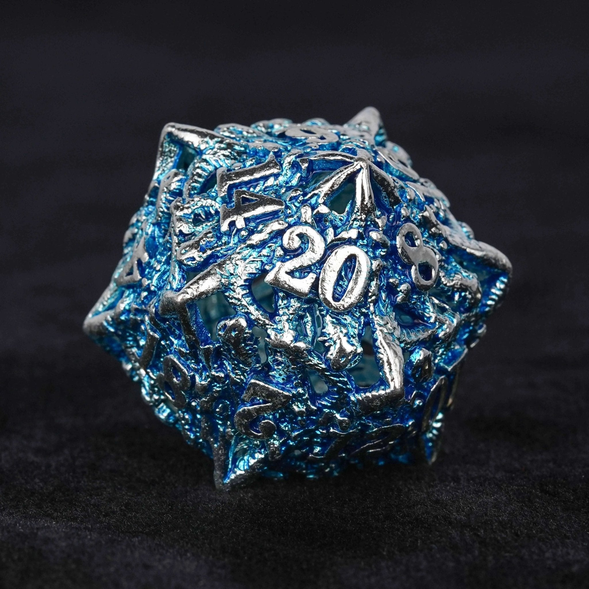 Balor Style - Silver Blue Dragon Head Metal Hollow dnd Dice Set
