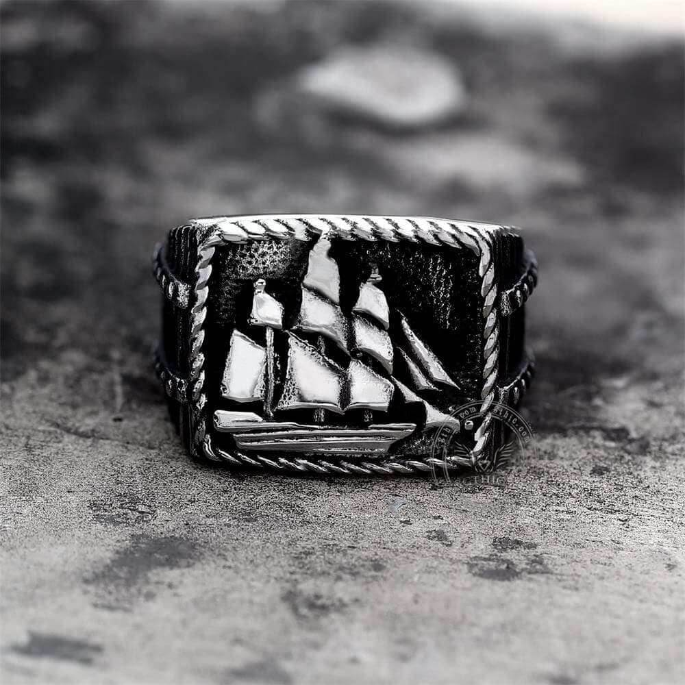 Barque Sailing Ship Stainless Steel Marine Ring - Silver / 7