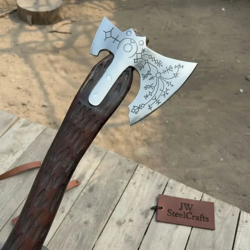 Hand Engraved Viking Double-Bit Axe with Carved Hardwood Handle and Norse Rune Detailing | Handmade Damascus Steel Collector Axe | JW SteelCrafts