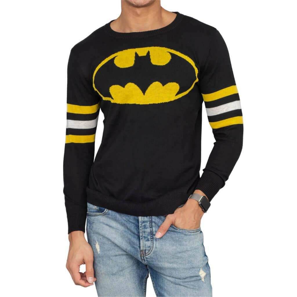 Batman Logo Knitted Sweatshirt with Striped Sleeves - S