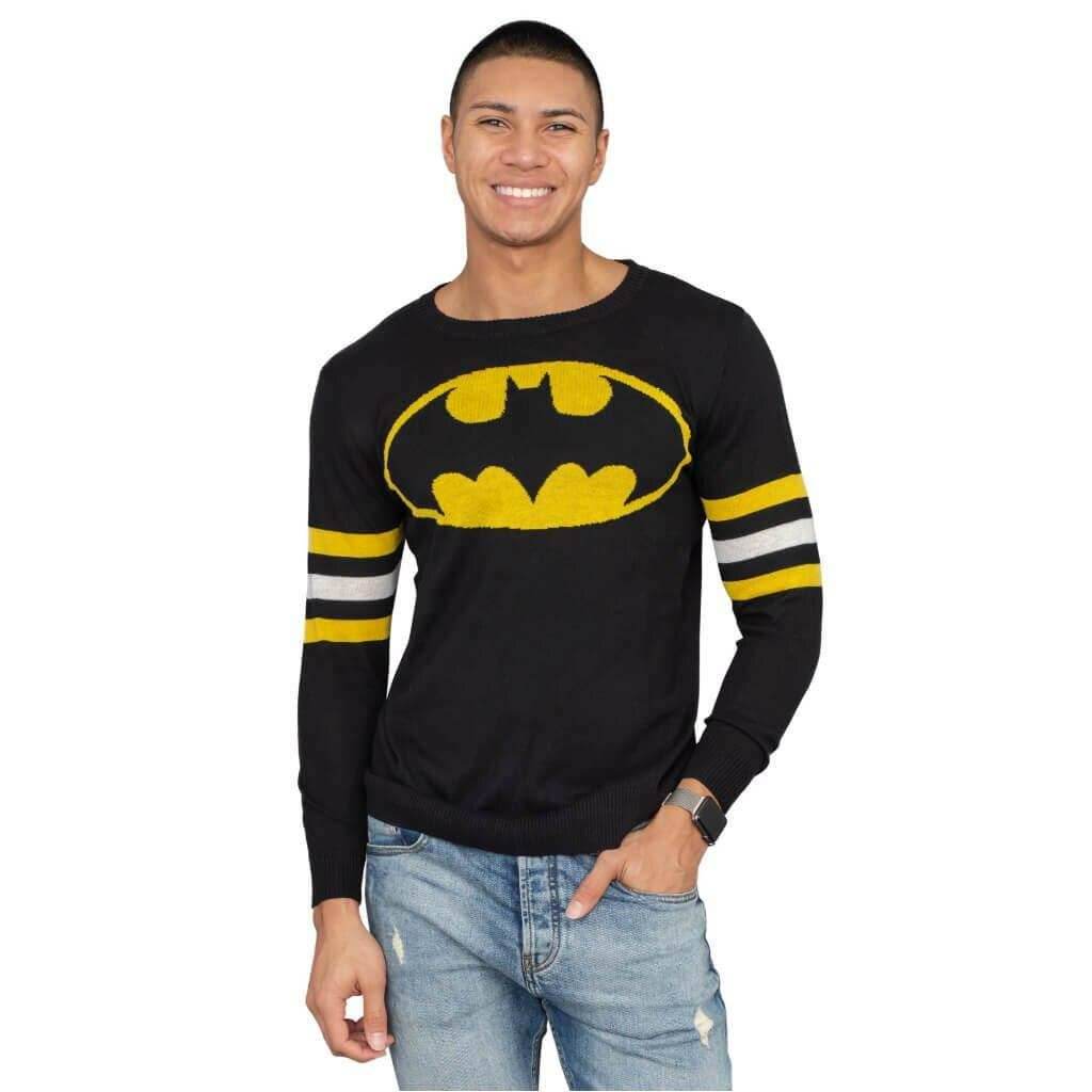 Batman Logo Knitted Sweatshirt with Striped Sleeves - S
