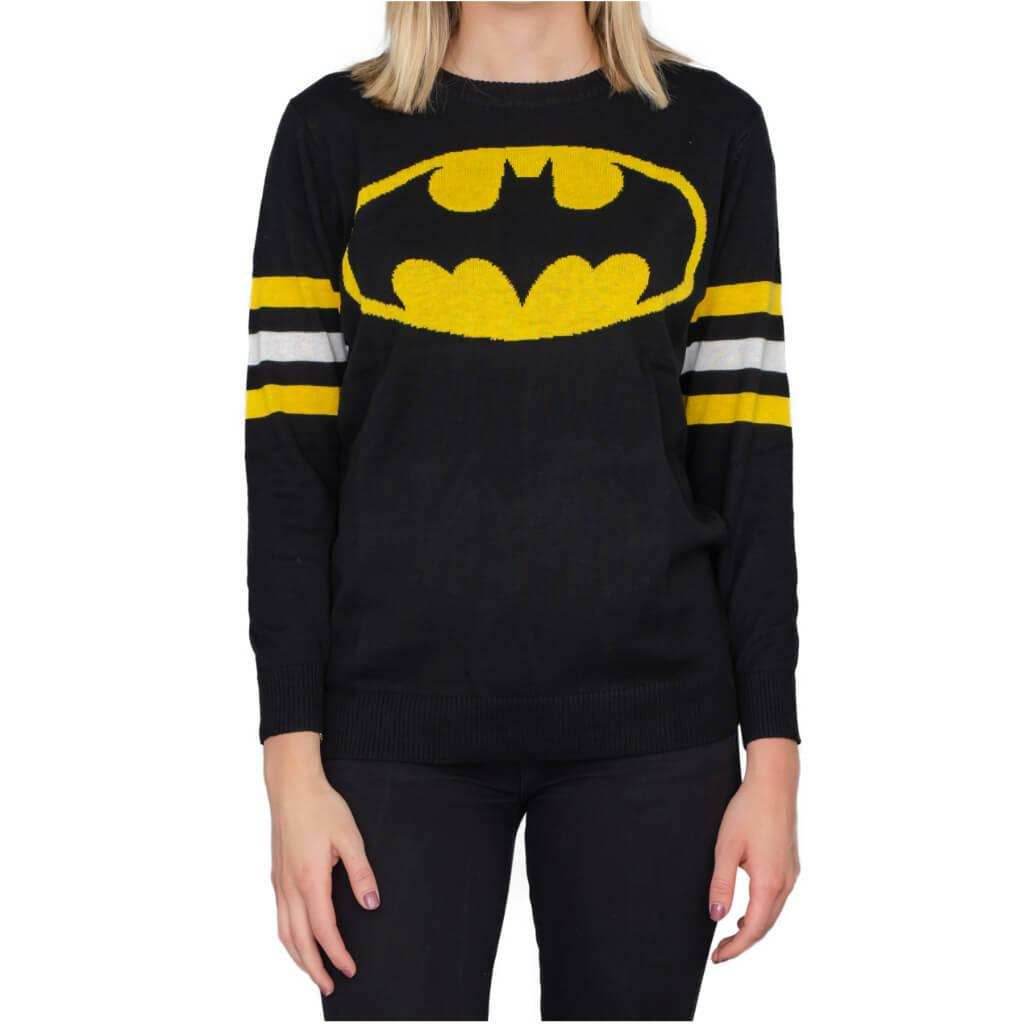 Batman Logo Knitted Sweatshirt with Striped Sleeves - S