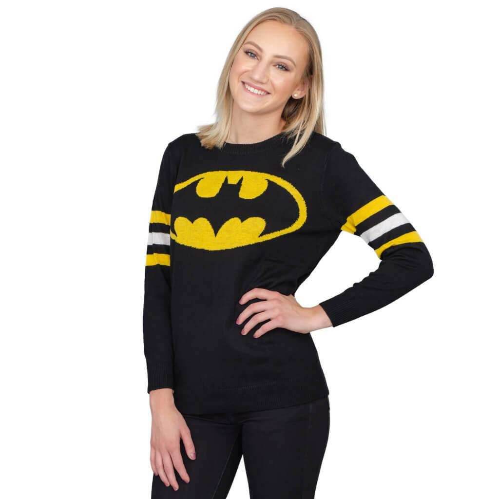 Batman Logo Knitted Sweatshirt with Striped Sleeves - S