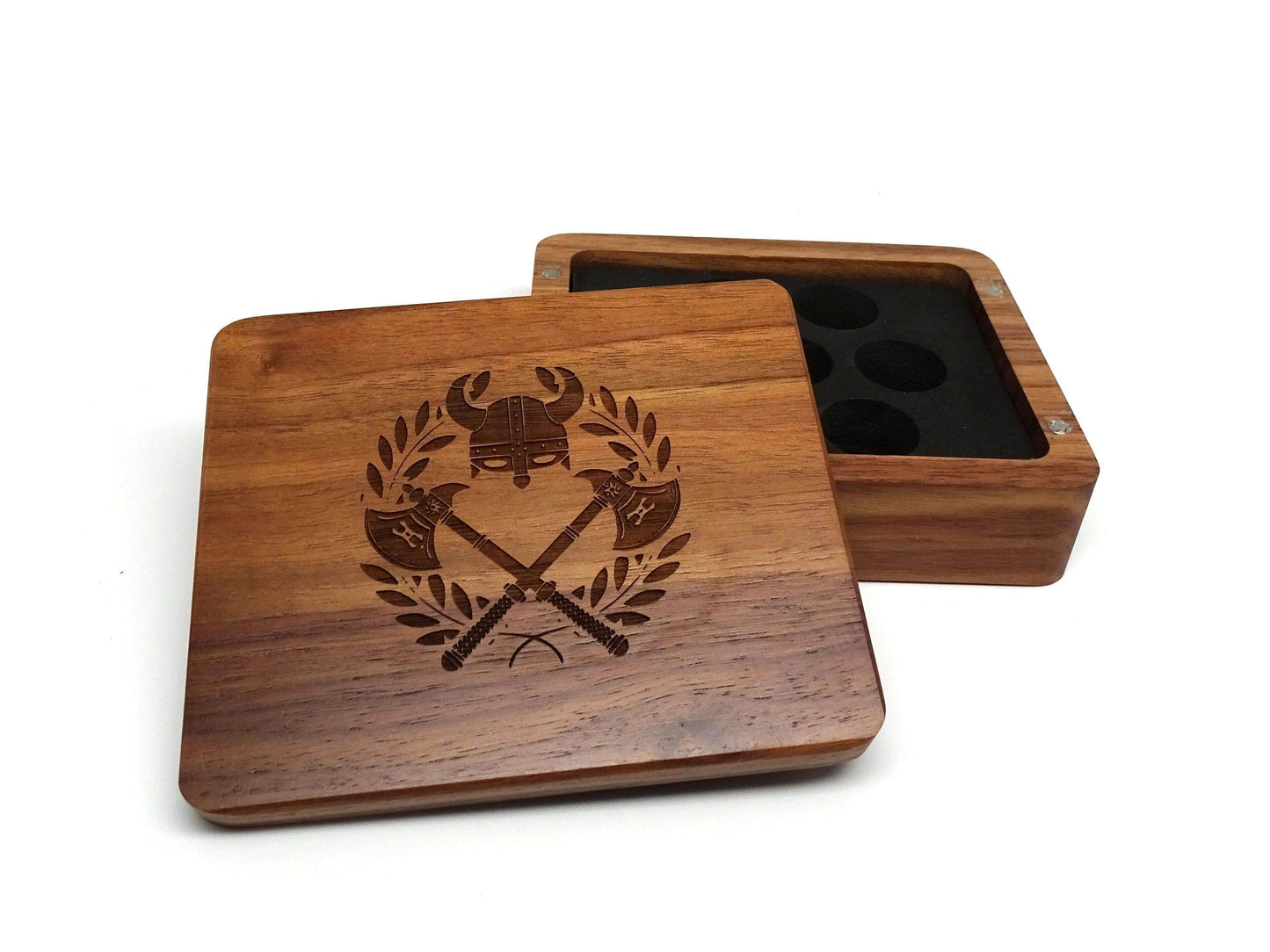 Battle Helmet Wooden Dice Case - Walnut Wood