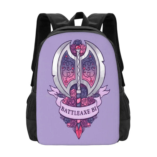 Battleaxe Bi Backpack For Student School Laptop Travel Bag Battleaxe Flowers Peony Ribbon Dnd And Dragons Weapons Bisexuality