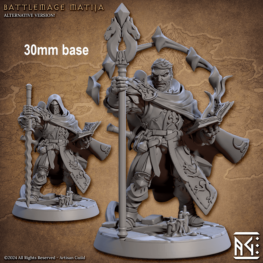 Battlemage Matija (Male Human Sorcerer) - With Hood & Helmet / Grimoire With Spell / Sword
