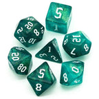 Blue-Green Glitter Party Dice (White font) 7-Dice Set RPG DND - 