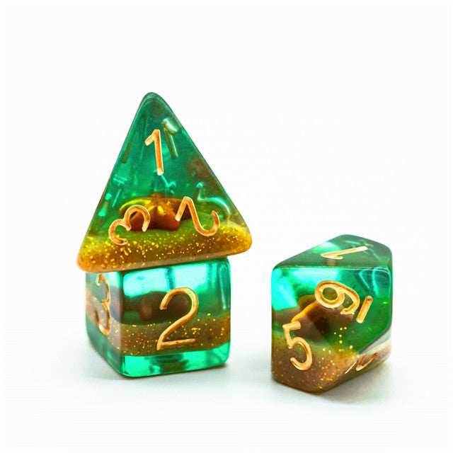 Green and Gold Starfish Dice 7-Dice Set Resin Dungeons and Dragons Dice - 