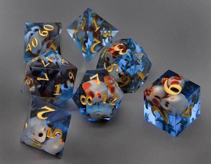 Blue Sunken Skull Inclusion 7-Dice Set Resin Sharp Edge RPG DND - 7-Dice