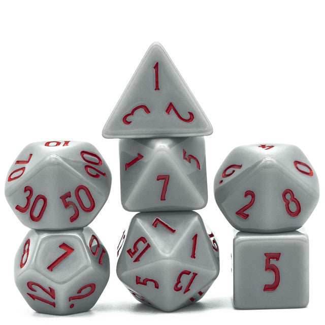 Grey Homage 7-Dice Set w/Red Numbers Minimalist - 