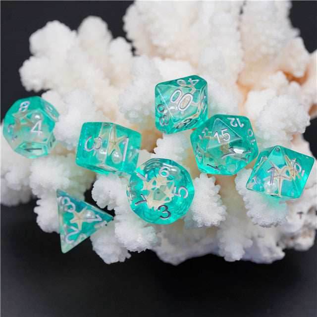 Starfish & Pearl Floating in Green Glitter 7-Dice Set - 