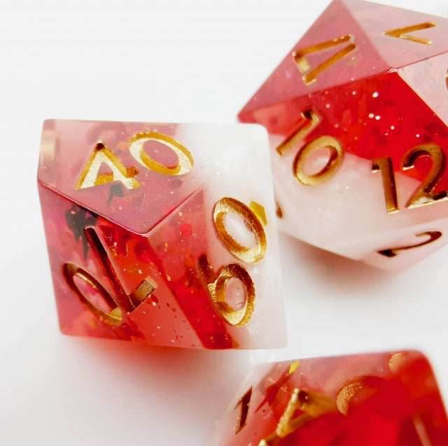 Translucent Red on Opaque White w/Foil Flakes 7-Dice Set Resin Sharp Edge RPG DND - 
