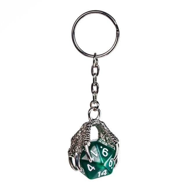 Claw Green D20 Keychain Featuring Silver Metal Dragon Claw + d20 - 