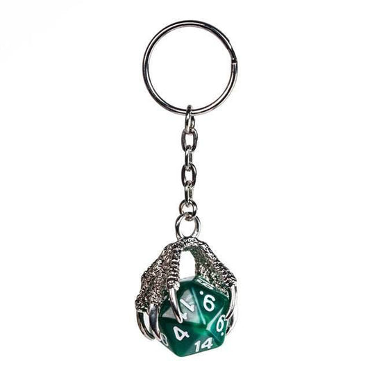 Claw Green D20 Keychain Featuring Silver Metal Dragon Claw + d20 - 