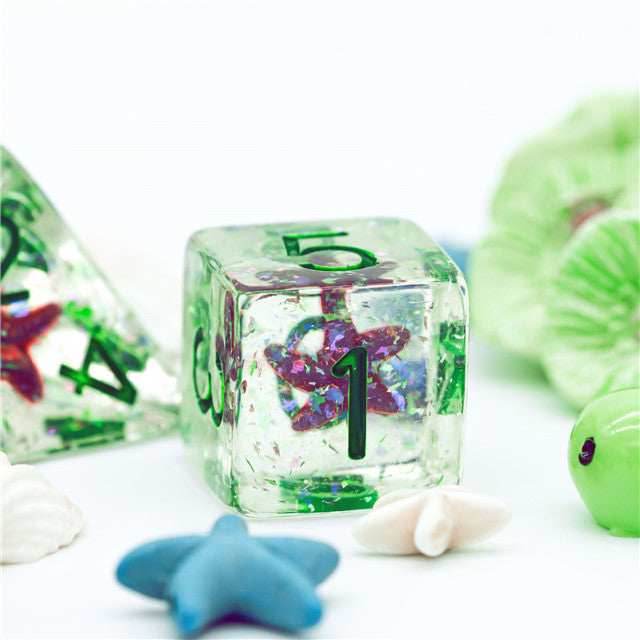 Green w/Purple Starfish Dice 7-Dice Set Resin Dungeons and Dragons Dice - 