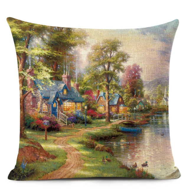 Beautiful Fairy Tale Linen Cushion Cover American Countryside Fields Gardens Scenery Art Oil Painting Decorative Pillowcase