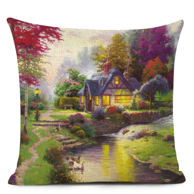 Beautiful Fairy Tale Linen Cushion Cover American Countryside Fields Gardens Scenery Art Oil Painting Decorative Pillowcase