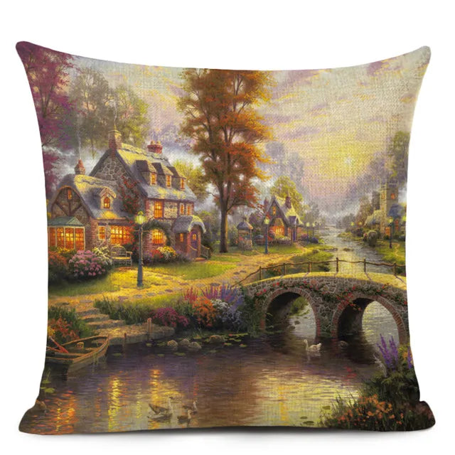 Beautiful Fairy Tale Linen Cushion Cover American Countryside Fields Gardens Scenery Art Oil Painting Decorative Pillowcase