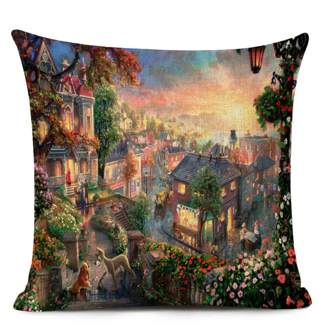 Beautiful Fairy Tale Linen Cushion Cover American Countryside Fields Gardens Scenery Art Oil Painting Decorative Pillowcase