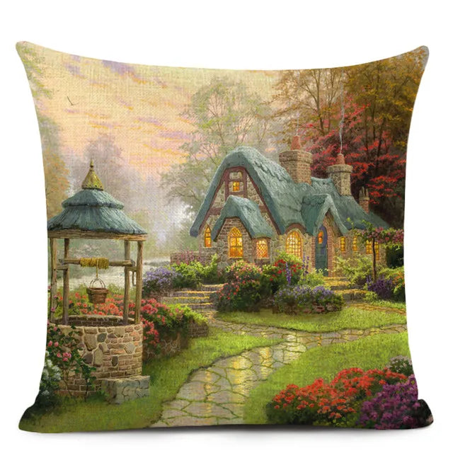 Beautiful Fairy Tale Linen Cushion Cover American Countryside Fields Gardens Scenery Art Oil Painting Decorative Pillowcase