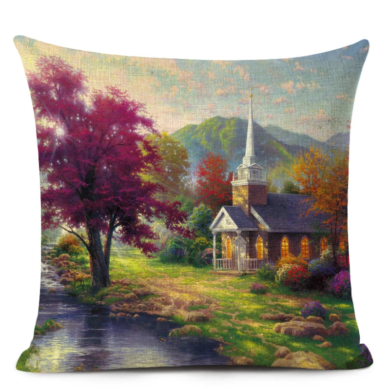 Beautiful Fairy Tale Linen Cushion Cover American Countryside Fields Gardens Scenery Art Oil Painting Decorative Pillowcase