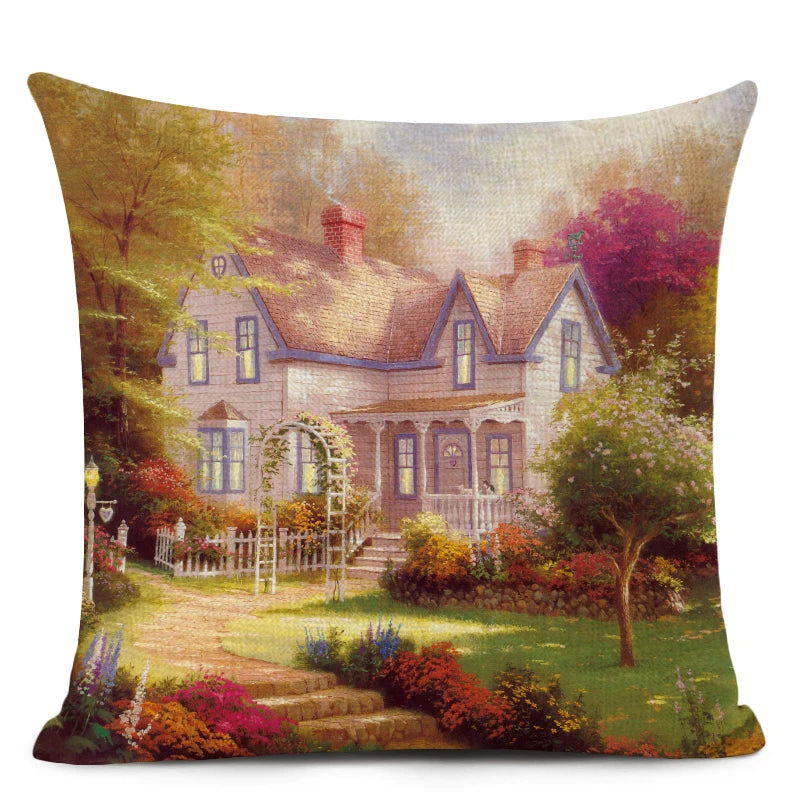 Beautiful Fairy Tale Linen Cushion Cover American Countryside Fields Gardens Scenery Art Oil Painting Decorative Pillowcase