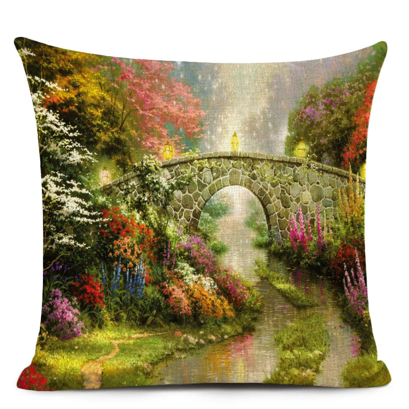 Beautiful Fairy Tale Linen Cushion Cover American Countryside Fields Gardens Scenery Art Oil Painting Decorative Pillowcase