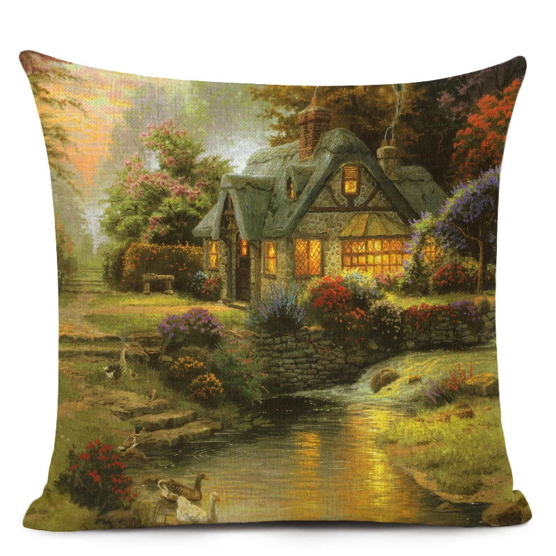 Beautiful Fairy Tale Linen Cushion Cover American Countryside Fields Gardens Scenery Art Oil Painting Decorative Pillowcase