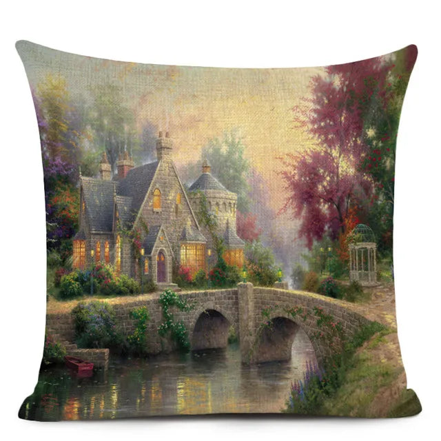 Beautiful Fairy Tale Linen Cushion Cover American Countryside Fields Gardens Scenery Art Oil Painting Decorative Pillowcase