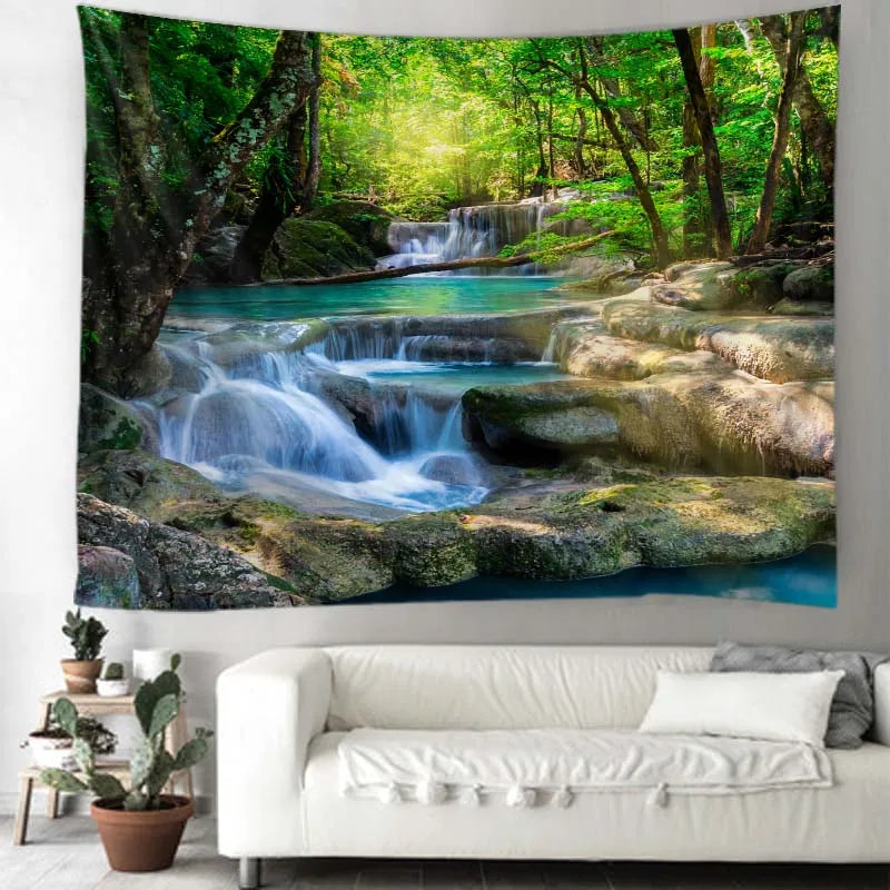 Beautiful nature waterfall tapestry forest print seascape hippie wall hanging bohemian wall tapestry mandala wall decoration