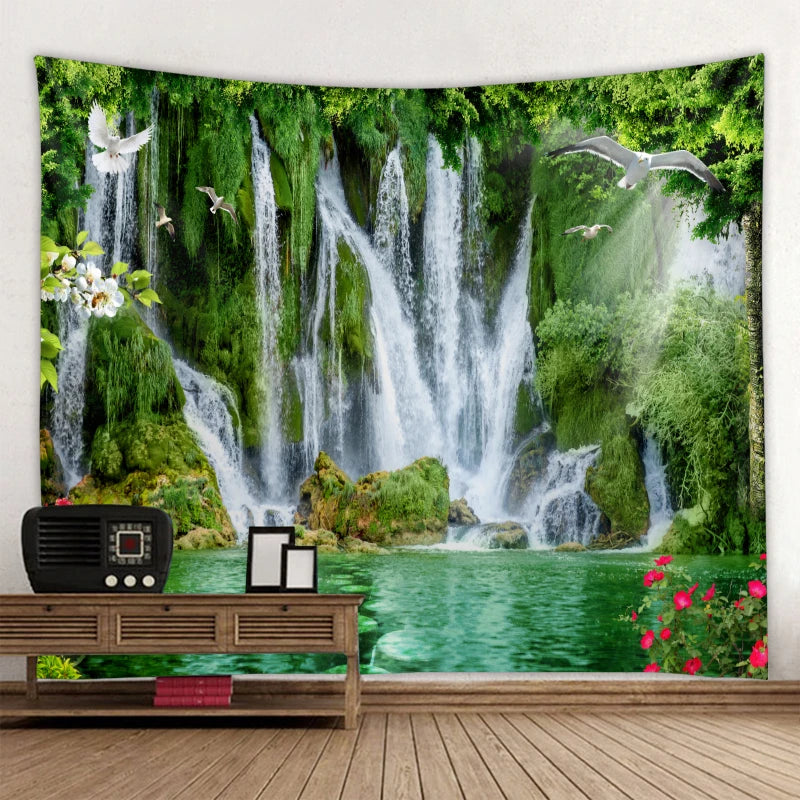 Beautiful nature waterfall tapestry forest print seascape hippie wall hanging bohemian wall tapestry mandala wall decoration