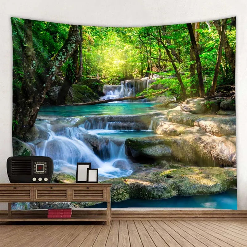 Beautiful nature waterfall tapestry forest print seascape hippie wall hanging bohemian wall tapestry mandala wall decoration