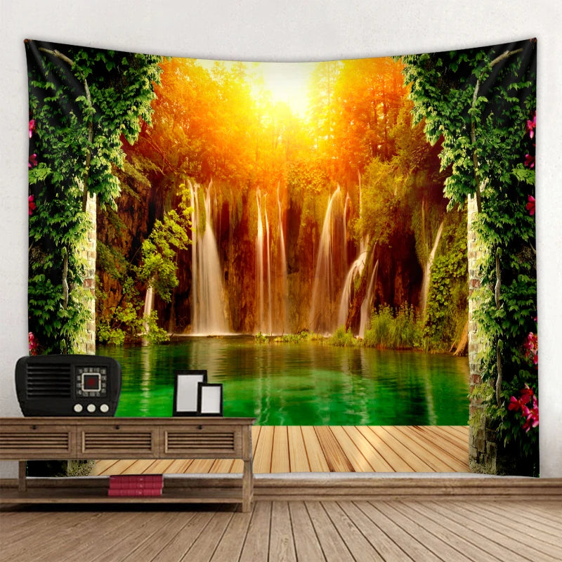 Beautiful nature waterfall tapestry forest print seascape hippie wall hanging bohemian wall tapestry mandala wall decoration