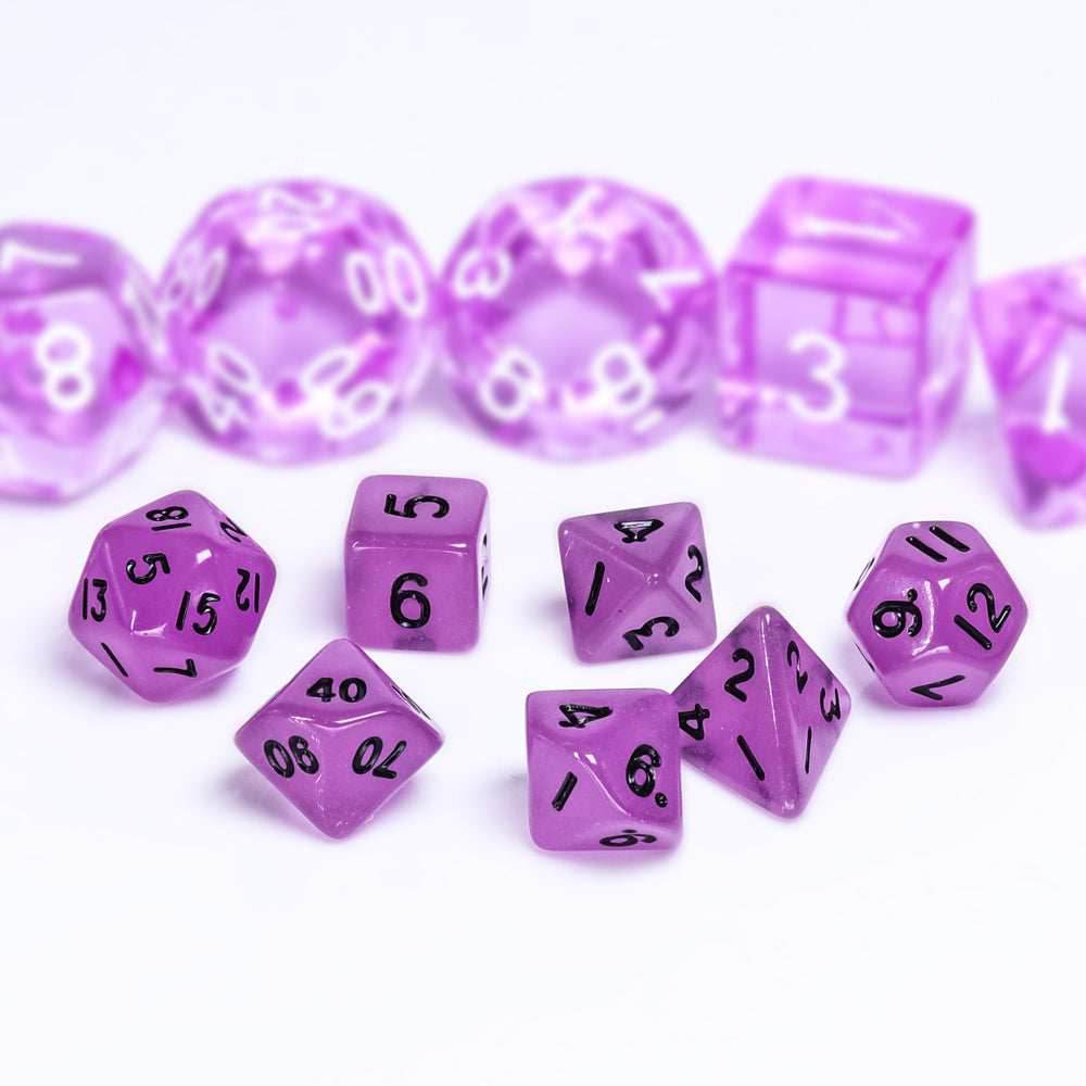 Purple Glow 7-Dice Mini-Dice RPG Set w/Black Numbers Miniature Dice - 
