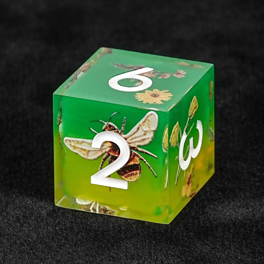 Bees Collecting Honey from Flowers Yellow-Green Resin RPG Dice Set + White Font