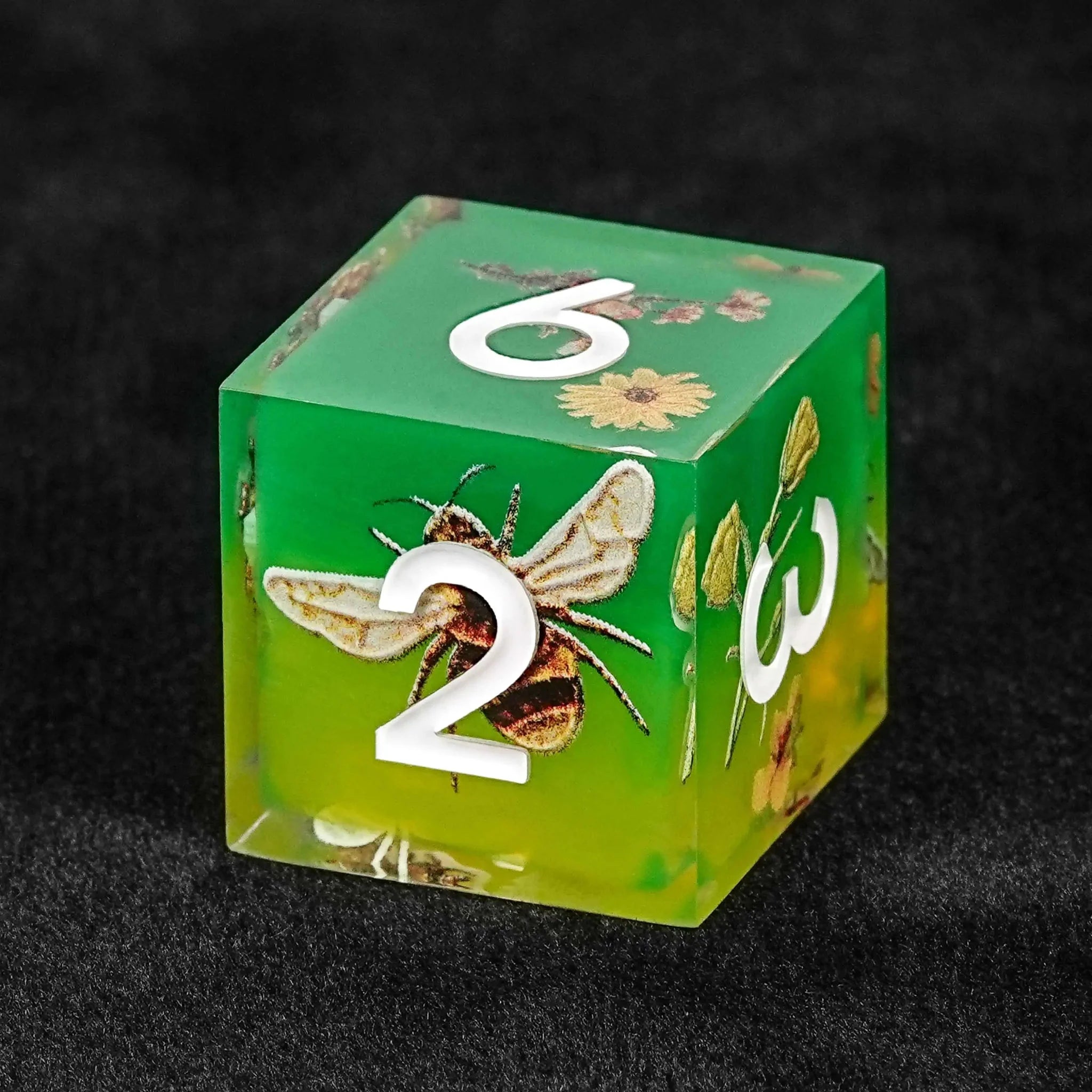 Bees Collecting Honey from Flowers Yellow-Green Resin RPG Dice Set + White Font