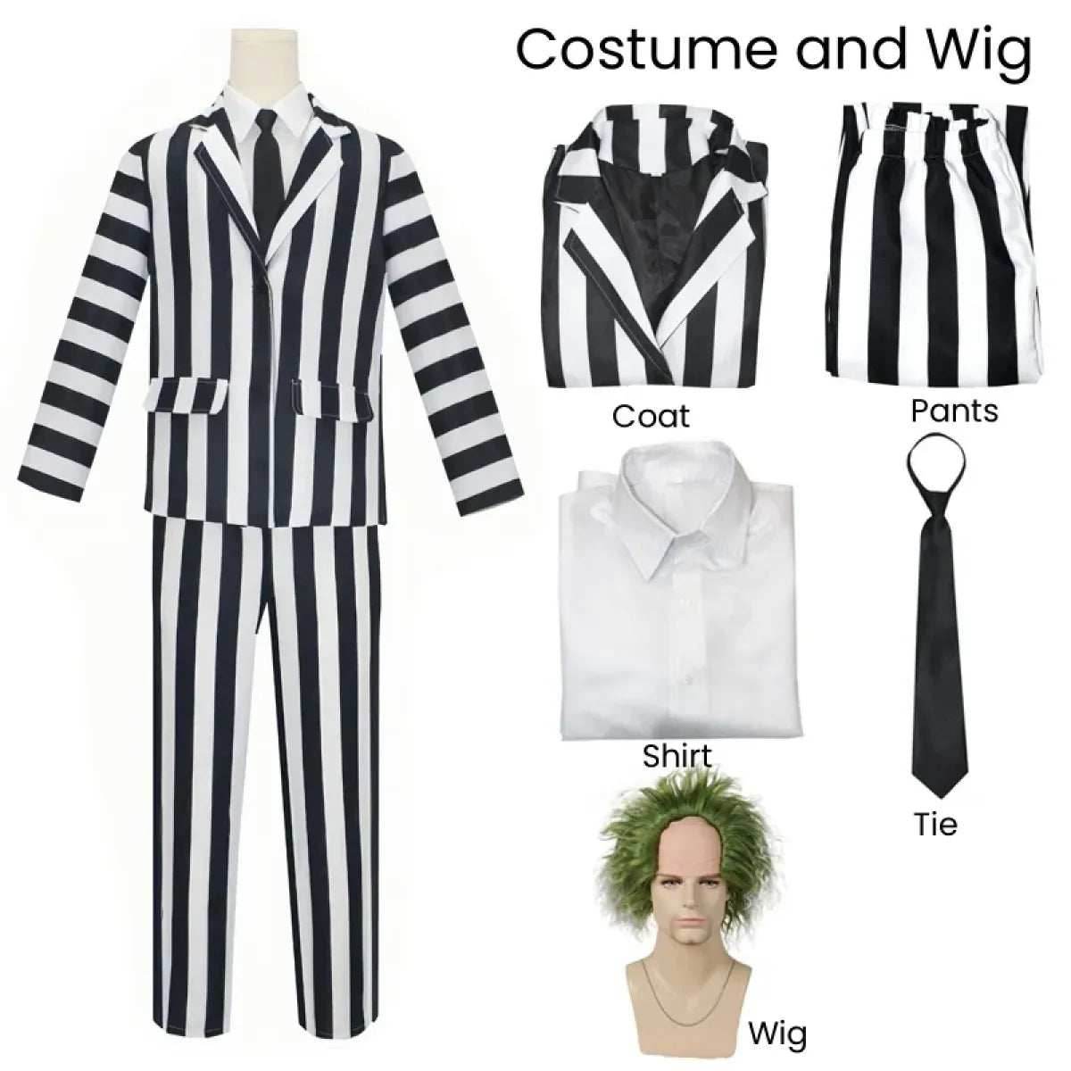 Beetlejuice Cosplay Suit – Black & White Striped Costume Set - S / Men costume and wig