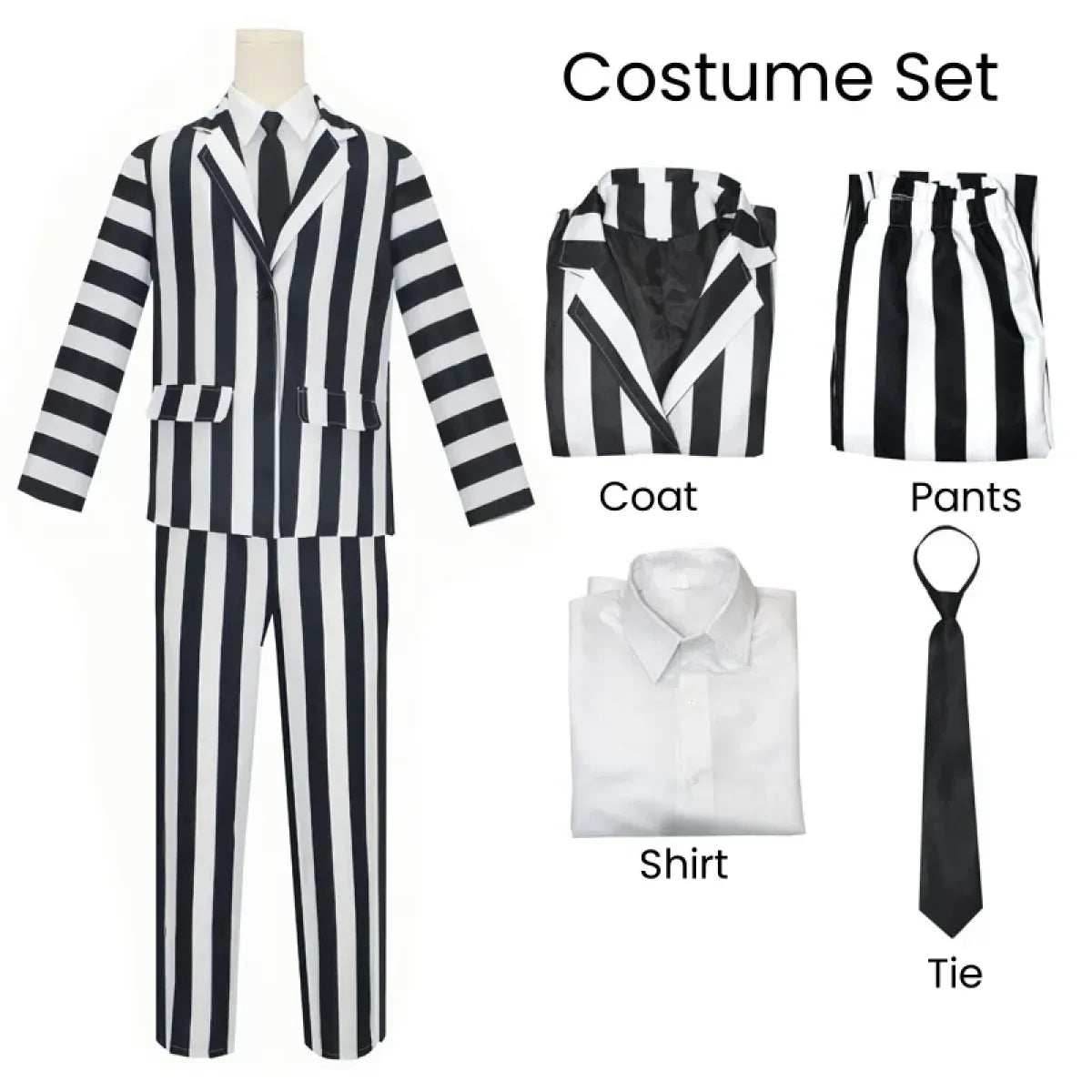 Beetlejuice Cosplay Suit – Black & White Striped Costume Set - S / Men Costume
