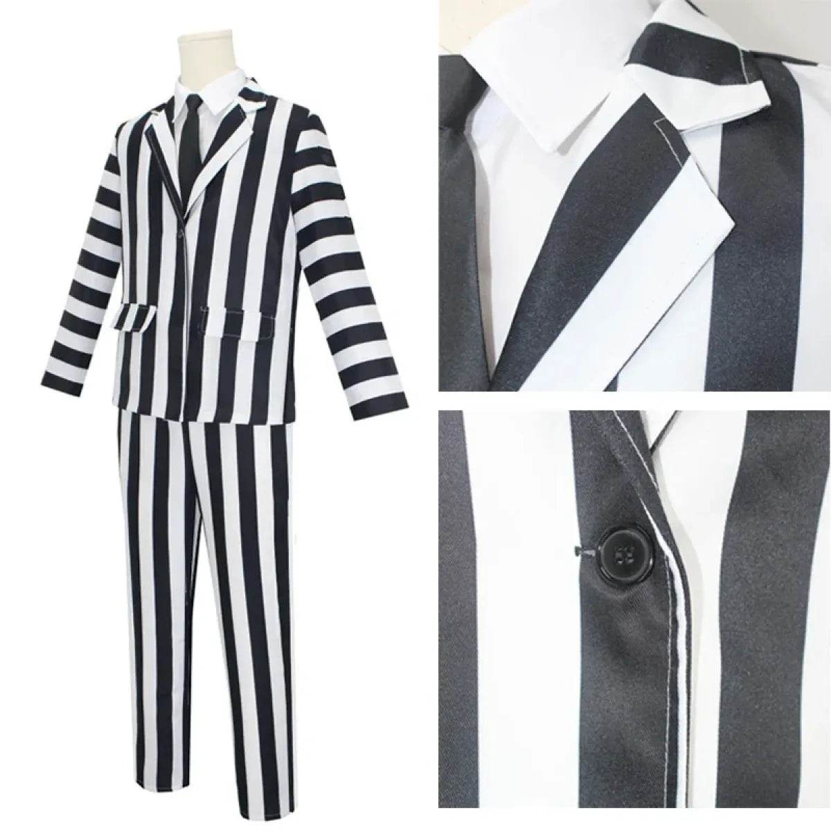 Beetlejuice Cosplay Suit – Black & White Striped Costume Set - S / Men Costume