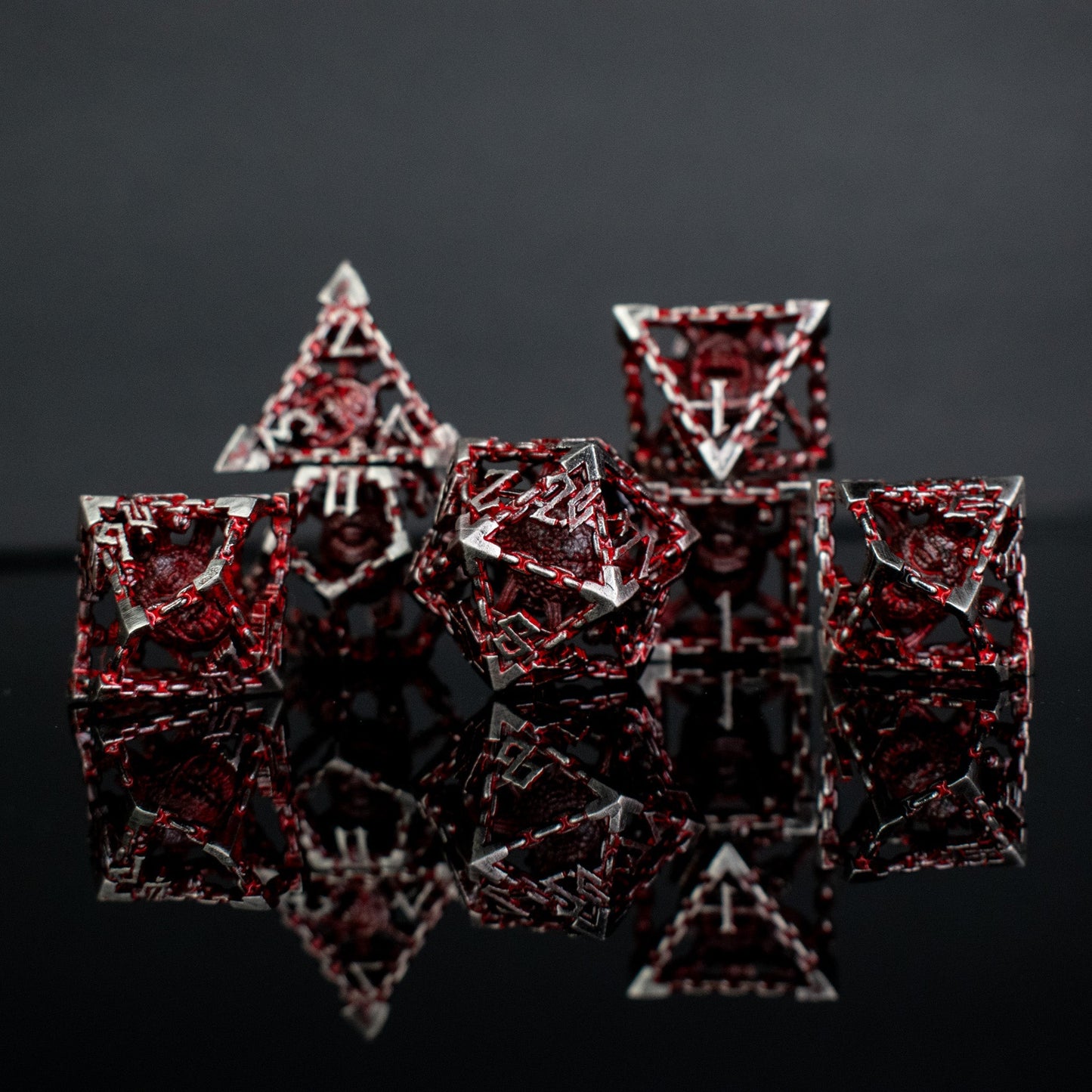 Beholder's Gates Hollow Metal Dice Set - Bloodied Silver