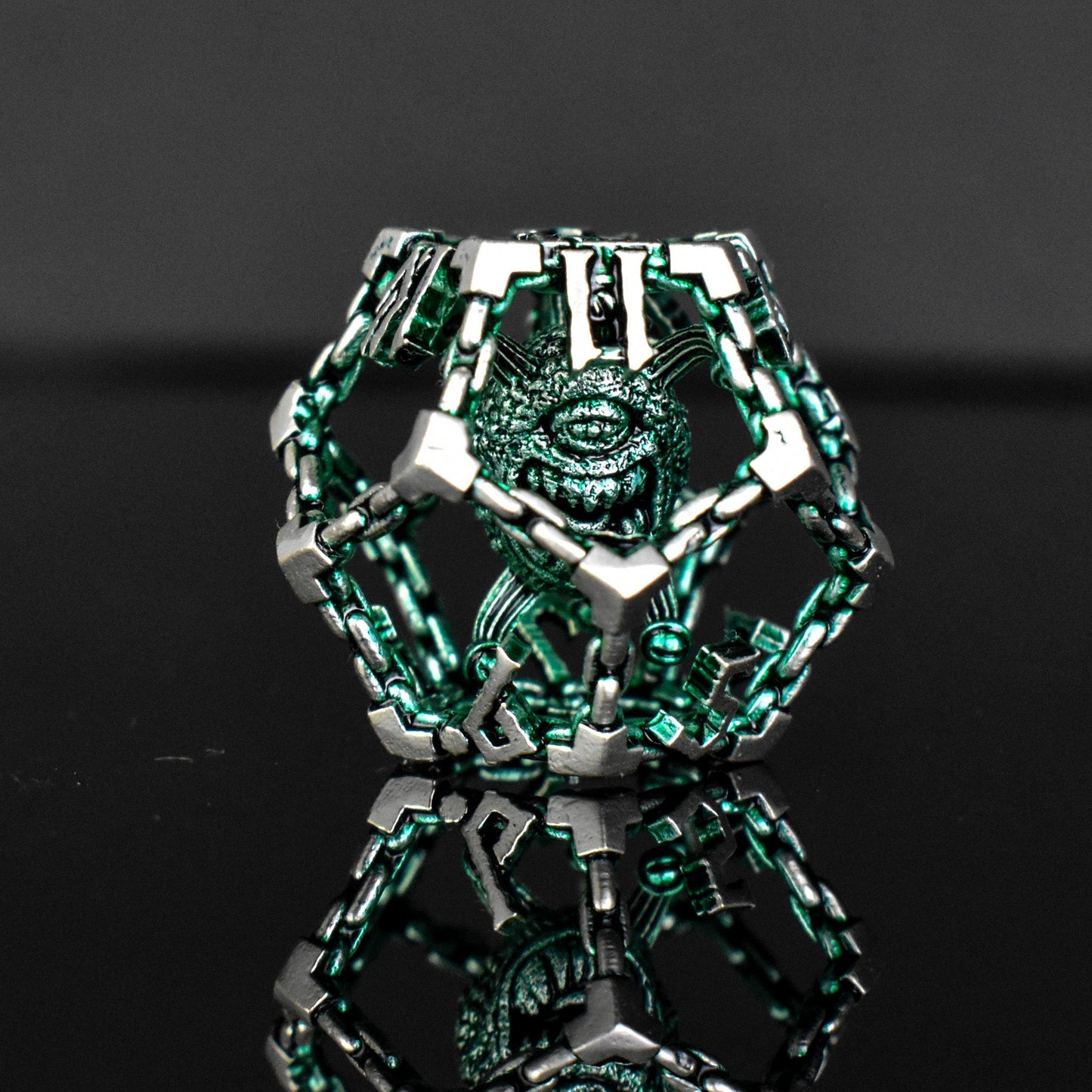 Beholder's Gates Hollow Metal Dice Set - Green and Silver