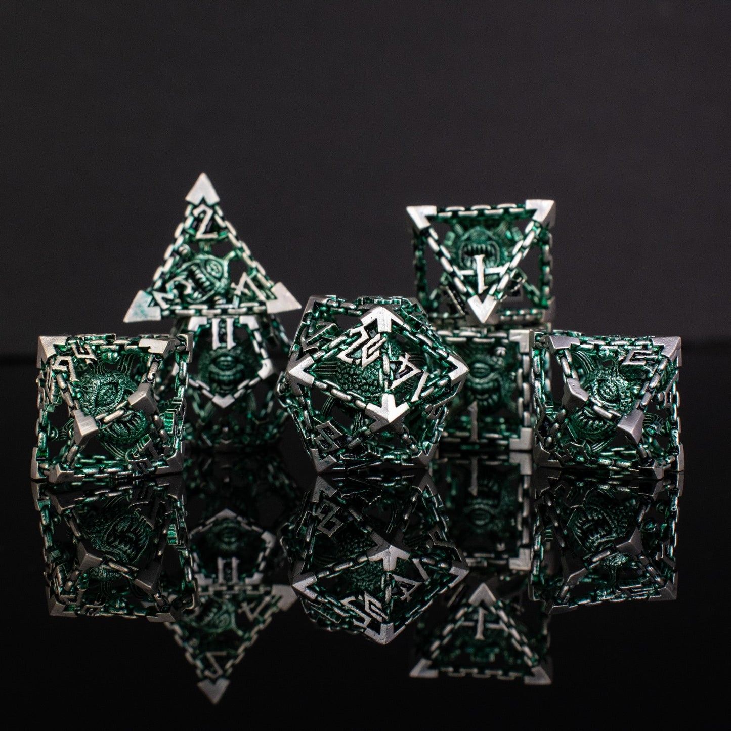 Beholder's Gates Hollow Metal Dice Set - Green and Silver