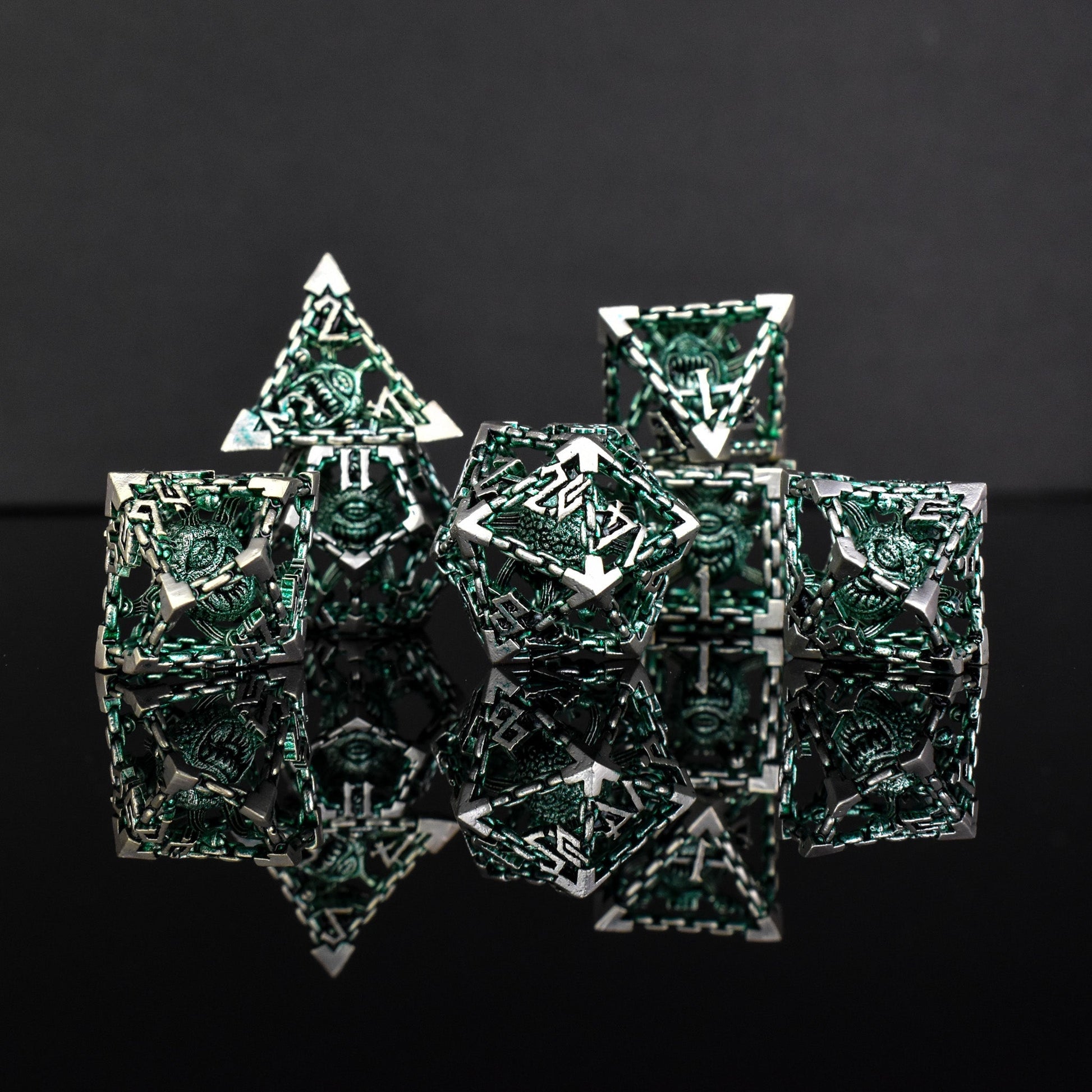 Beholder's Gates Hollow Metal Dice Set - Green and Silver